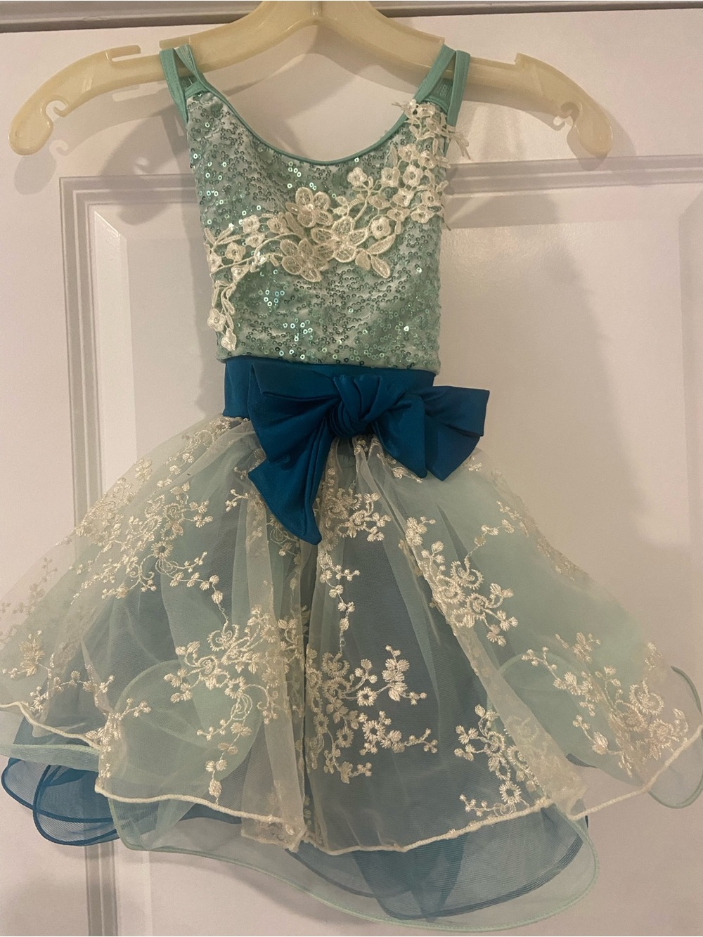 Weissman Mint Green Lace & Sequin Dress with Teal Bow